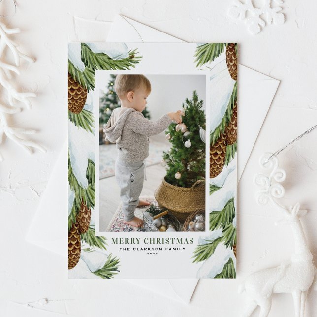 Watercolor Snowy Pinecones Christmas Photo Holiday Card (Customizable photo Christmas card featuring snowy watercolor balsam fir cones)