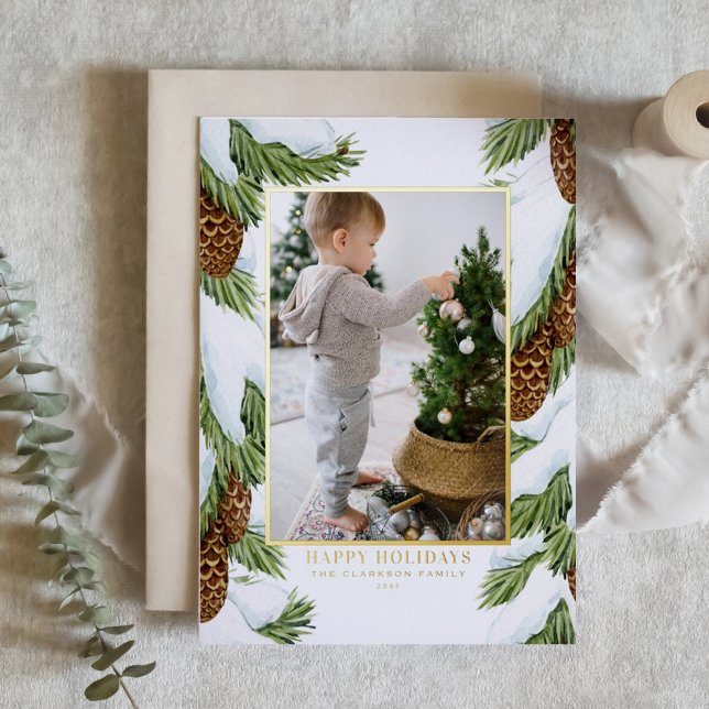 Watercolor Snowy Pinecones Happy Holidays Photo (Customizable gold foil photo holiday card featuring snowy watercolor balsam fir cones)