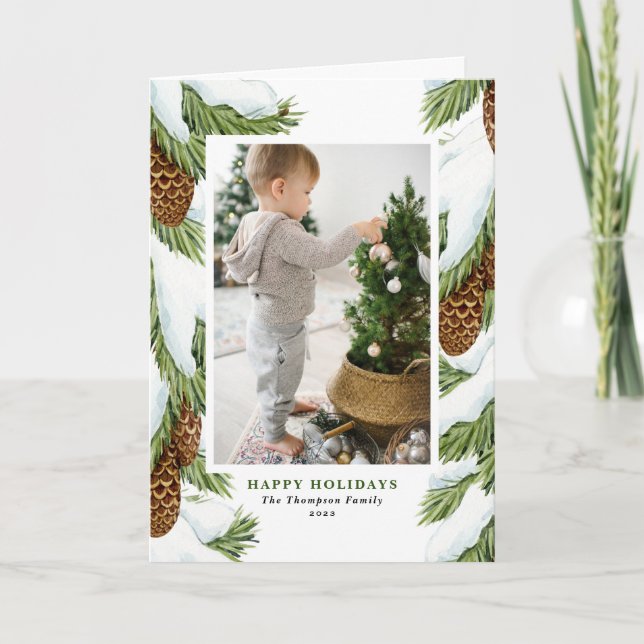 Watercolor Snowy Pinecones Happy Holidays Photo Holiday Card (Front)