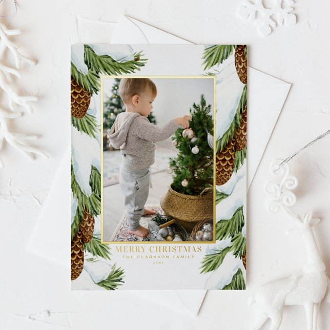 Watercolor Snowy Pinecones Merry Christmas Photo (Customizable gold foil photo Christmas card featuring snowy watercolor balsam fir cones)