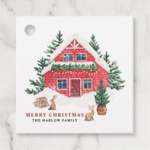 Watercolor Snowy Red Cottage Merry Christmas Favour Tags