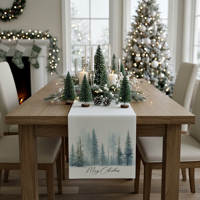 Watercolor snowy trees custom Christmas Medium Table Runner (Creator Uploaded)