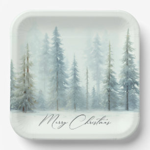 Watercolor snowy trees custom Christmas Paper Plate