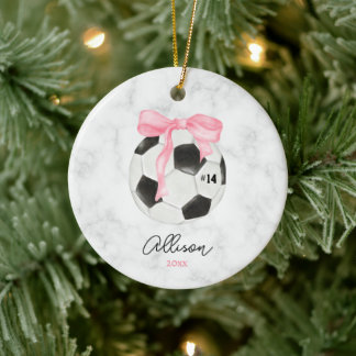 Watercolor Soccer Ball with Pink Coquette Bow Ceramic Tree Decoration