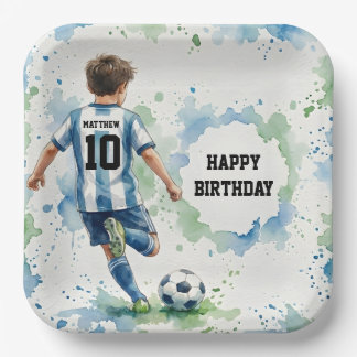 Watercolor Soccer Boy Birthday Blue Paper Plate