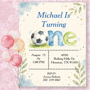 Watercolor Soccer First Birthday Invitation