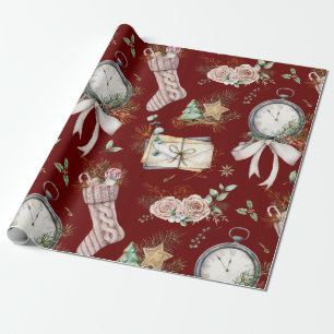 Watercolor Sock/Clock Christmas Pattern Wrapping Paper