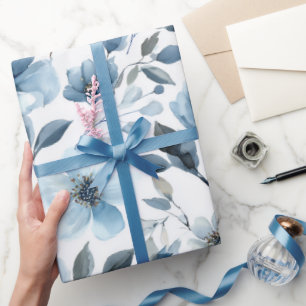 Watercolor Soft Blue Flower White Floral Pattern Wrapping Paper