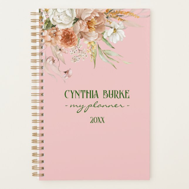 Watercolor Soft Blush Pink Floral  Spiral Planner (Front)