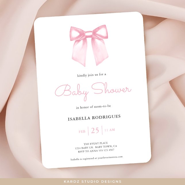 Watercolor Soft Pink Bow Baby Shower Invitation (Invitation in 5 x 7 inches with rounded corners. Choose corner and paper style, prints or digital.)