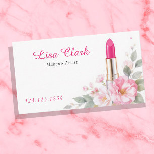 Watercolor Soft Pink Floral Lipstick Makeup Artist Business Card