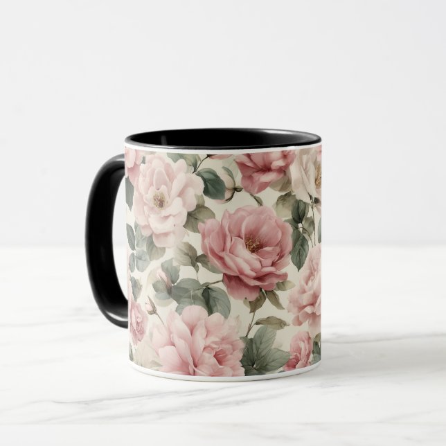 Watercolor Soft Pink Rose Beige Floral Pattern Mug (Front Left)