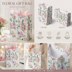 Watercolor Soft Pink Rose & Peony Floral Medium Gift Bag