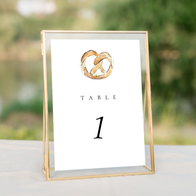 Watercolor Soft Pretzel 5x7" Wedding Table Number (Watercolor pretzel New York City Skyline wedding table number sign.)