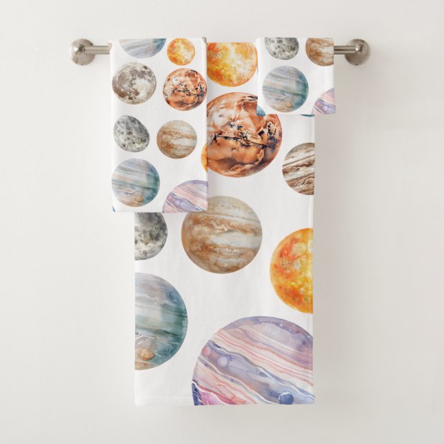 Watercolor Solar System Planets Outer Space Bath Towel Set (Insitu)