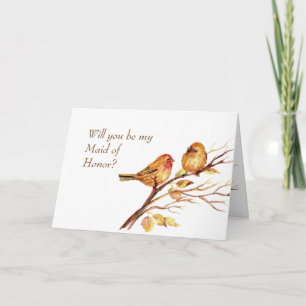 Watercolor Song Cute Brown Birds Maid of Honour Invitation