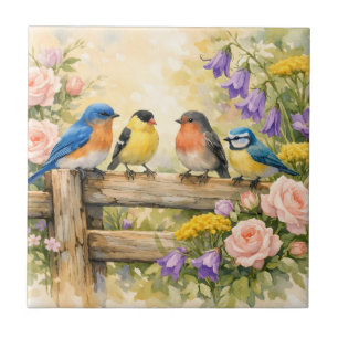 Watercolor Songbirds on the Wooden Fence Tile