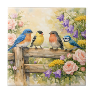 Watercolor Songbirds on the Wooden Fence Tile