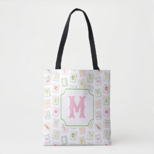 Watercolor Southern Summer Mahjong Tiles Monogram Tote Bag