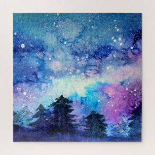 Watercolor Space Art: Night Sky Trees Jigsaw Puzzle