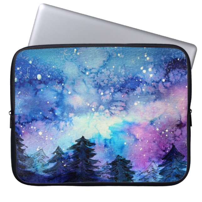 Watercolor Space Art: Night Sky Trees Laptop Sleeve (Front)