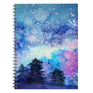 Watercolor Space Art: Night Sky Trees Notebook