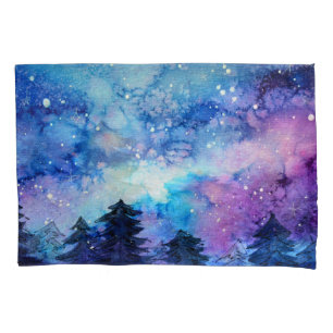 Watercolor Space Art: Night Sky Trees Pillowcase