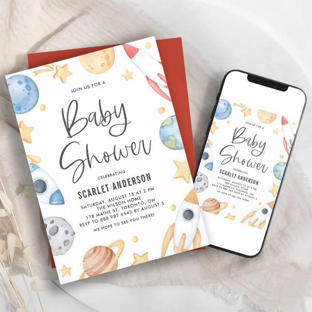 Watercolor Space Baby Boy Shower Invitation (Creator Uploaded)