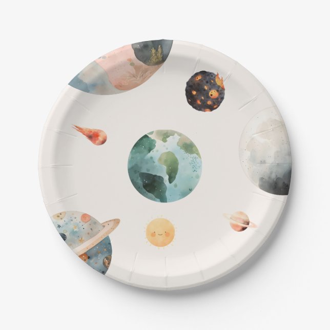 Watercolor Space Birthday Paper Plates (Front)