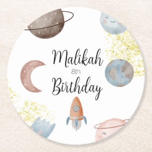 Watercolor Space Birthday Party for Boy or Girl Round Paper Coaster