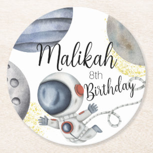Watercolor Space Birthday Party for Boy or Girl Round Paper Coaster