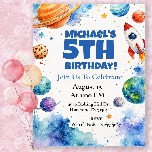 Watercolor Space Birthday Party Invitation (Creator Uploaded)
