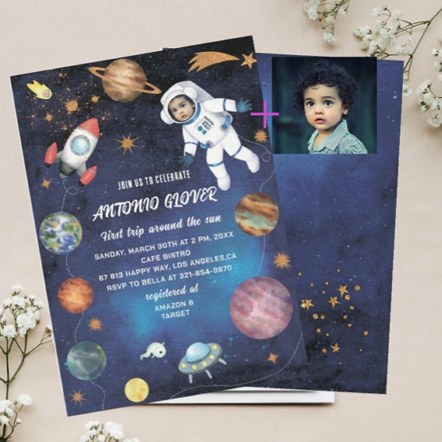 Watercolor Space Birthday Photo invitation  baby S (Creator Uploaded)