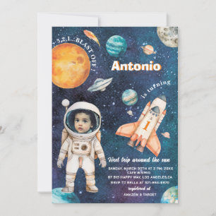 Watercolor Space Birthday Photo invitation baby S