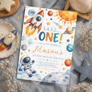 Watercolor Space First Birthday Boy Invitation