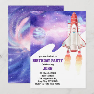 Watercolor Space Galaxy Astronaut Birthday Invitation