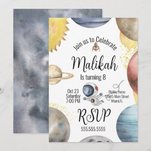 Watercolor Space Galaxy Planets Birthday Party Invitation