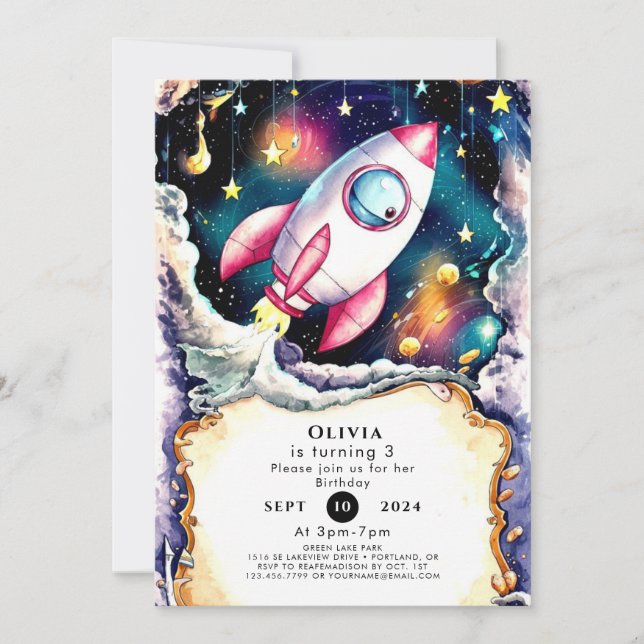 Watercolor Space Rocket Birthday Invitation (Front)