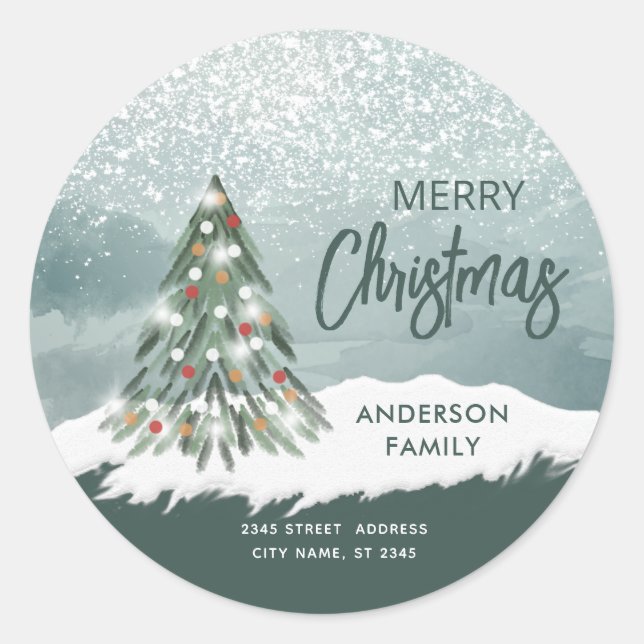 Watercolor sparkle Christmas tree winter  Classic Round Sticker (Front)