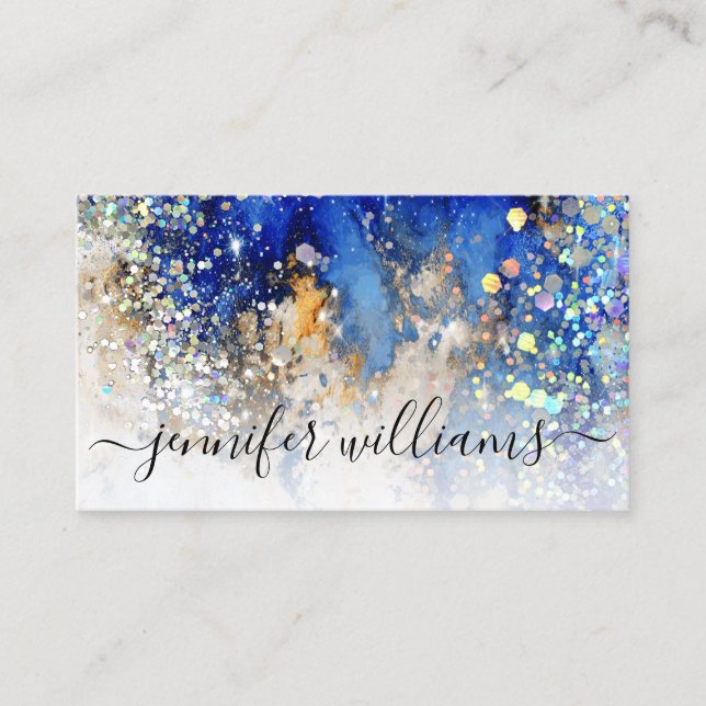 Watercolor Sparkly Gold Blue Modern Marble Beauty Business Card (Front)