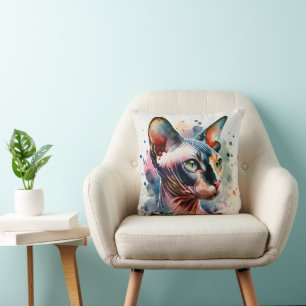 Watercolor Sphynx Cat Artistic Portrait Cushion