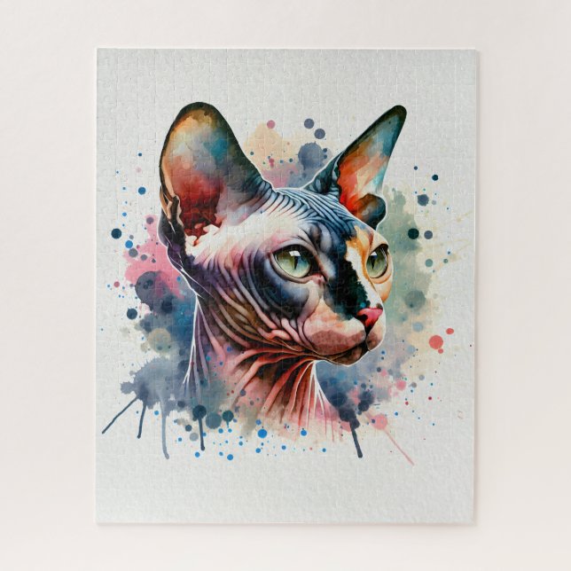 Watercolor Sphynx Cat Artistic Portrait Jigsaw Puzzle (Vertical)