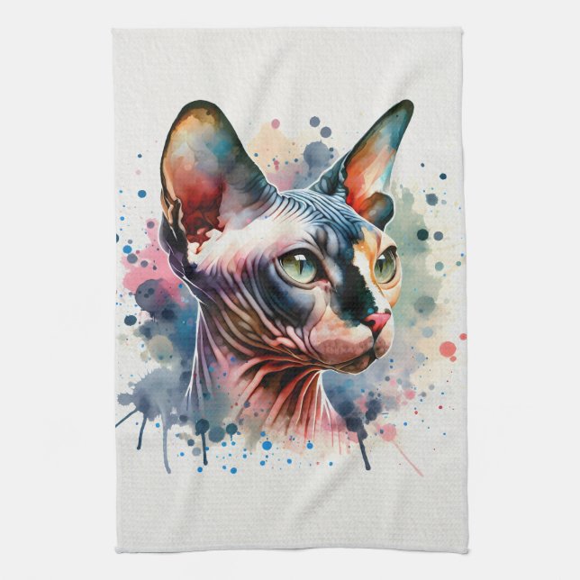 Watercolor Sphynx Cat Artistic Portrait Tea Towel (Vertical)