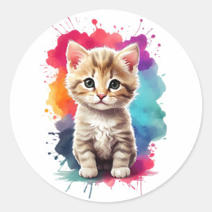 Watercolor Splash Art Cute Kitten Splatter Paint Classic Round Sticker