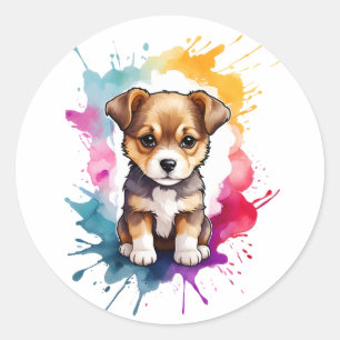 Watercolor Splash Art Puppy Dog Splatter Paint Classic Round Sticker