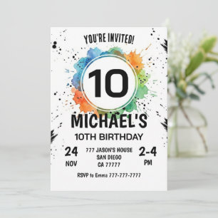 Watercolor Splash Boy 10th Birthday Invitation