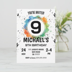 Watercolor Splash Boy 9th Birthday Invitation