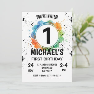 Watercolor Splash Boy First Birthday Invitation