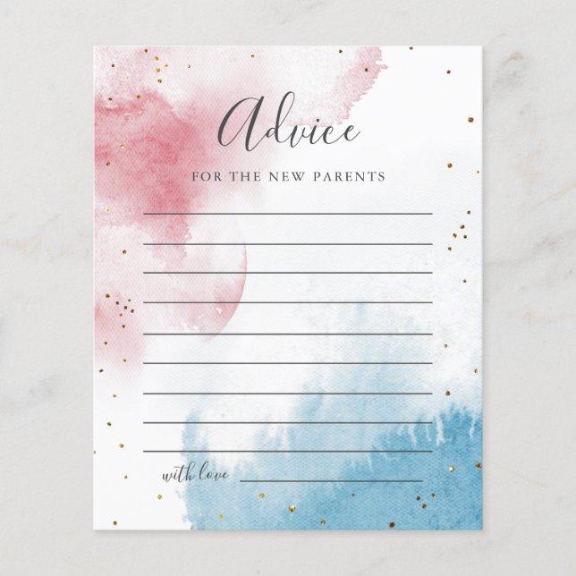 Watercolor Splash Gender Reveal Party Advice Card (Front)