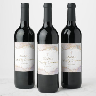 watercolor splash glitter First Communion Wine Label